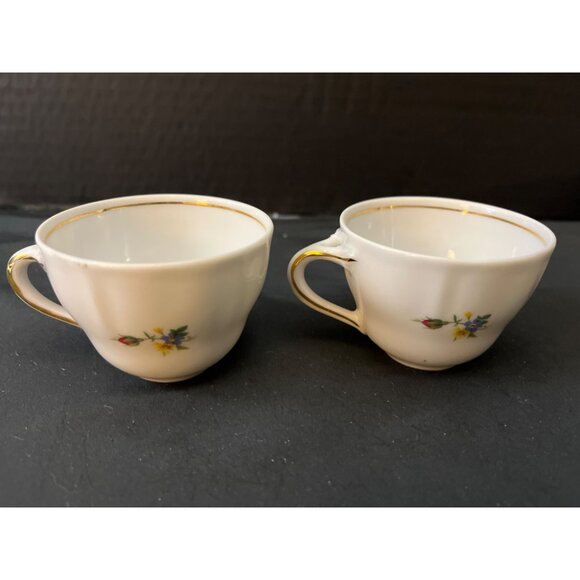 Vintage Hand Painted Ceramic Basket and 2 Porcelain Tea Cups Flowers Gold Gilt - Picture 5 of 11